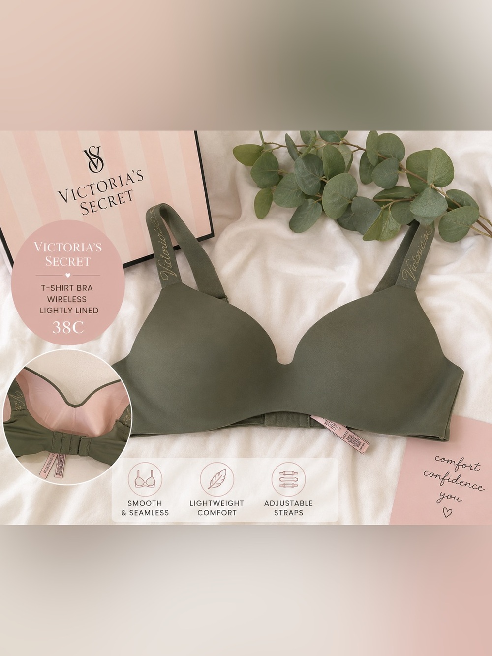 Victoria’s Secret Olive Green Smooth Wireless T-Shirt Bra | 38C